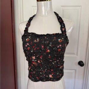 Free People Floral Halter Crop Top - Black and Pink